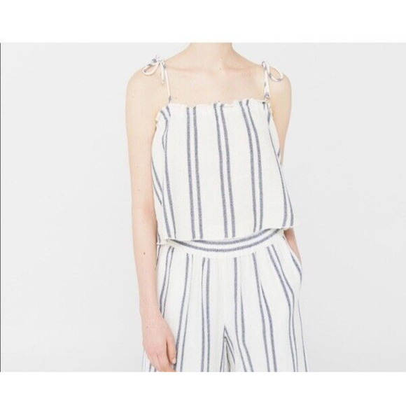Mango Top Women's 4 White Vertical Lines Crop 100% Cotton Tie Strap Casual Tank - Picture 1 of 6